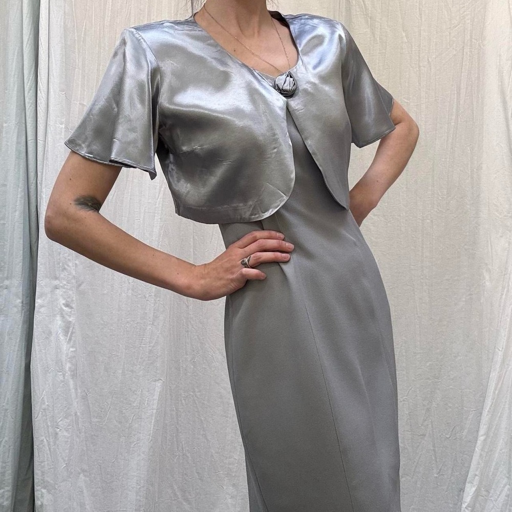 Light blue midi dress formal with satin‎ shrug vintage 90s